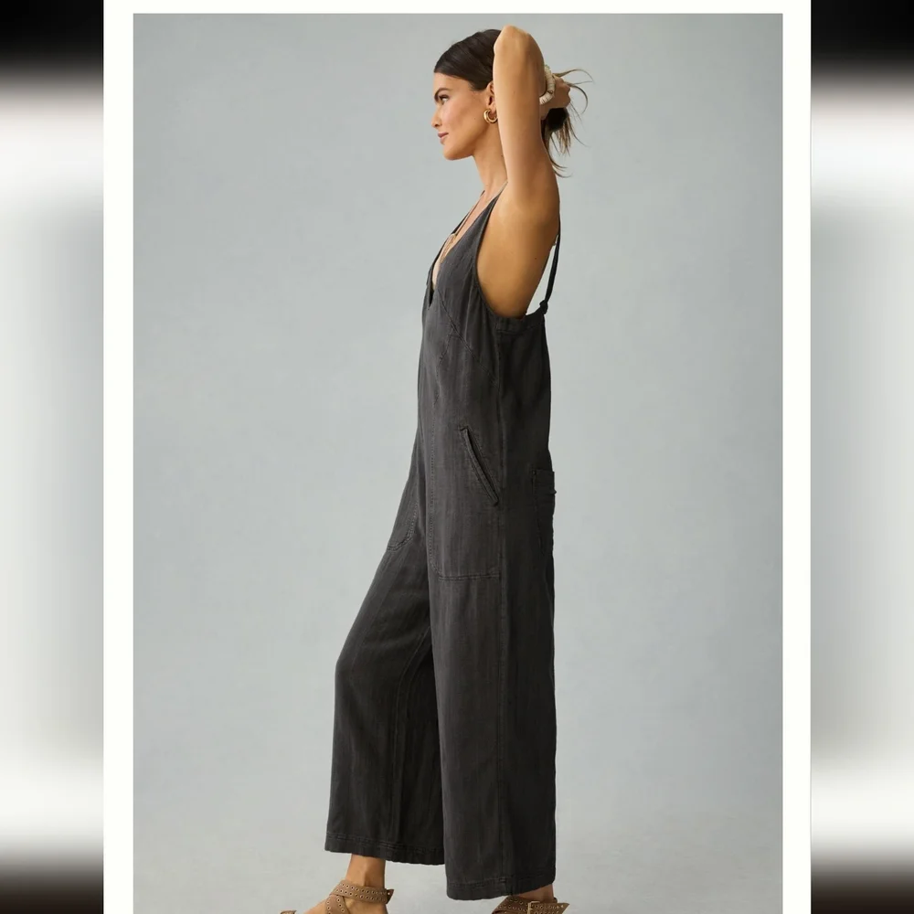 Anthropologie Pilcro Linen Jumpsuit sz Large & Med Color Onyx Grey - Picture 3 of 10